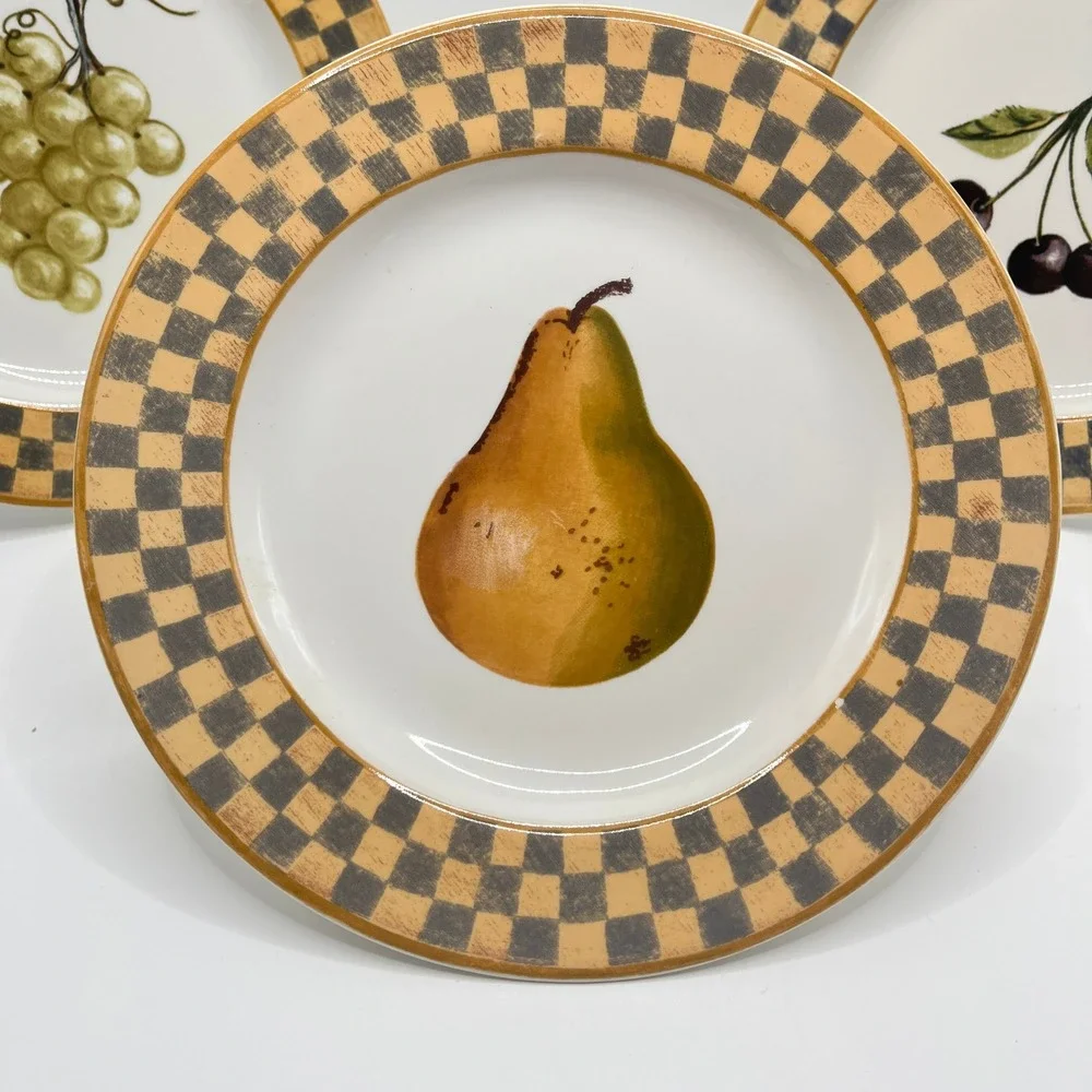 Block Country Orchard Gear Fruit Salad Dessert Plates Set 3 Grapes Pear Cherries